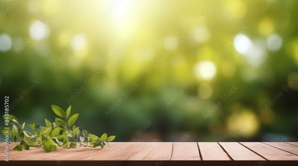 Wall mural background, wooden planks in foreground, background blurred, green natural landscape