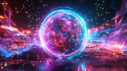 Neon Energy Sphere Surrounded by Dynamic Particles