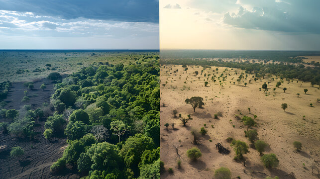 Half barren land, half vibrant forest, environmental conservation, desertification control concept.