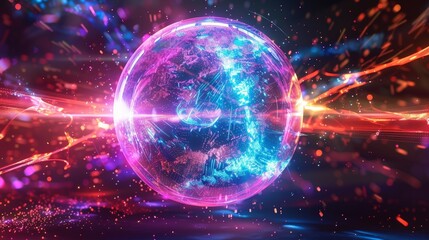 Obraz premium Neon Energy Sphere Surrounded by Dynamic Particles