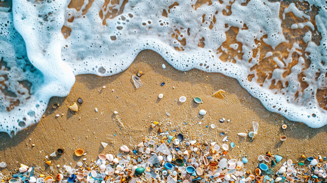 Closeup of sea ocean beach sand with micro plastics. Top view