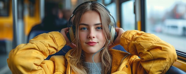 A young woman is enjoying music with her headphones while riding a public bus, likely commuting or traveling