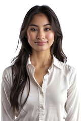 A woman wearing a white shirt poses for the camera, looking directly at the lens