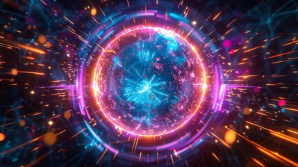 Neon Energy Sphere Surrounded by Dynamic Particles