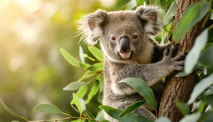 Obraz premium Charming koala bear perched on a tree in the golden Australian sunlight, exemplifying the serenity and natural beauty of its surroundings, with a backdrop of lush green leaves.