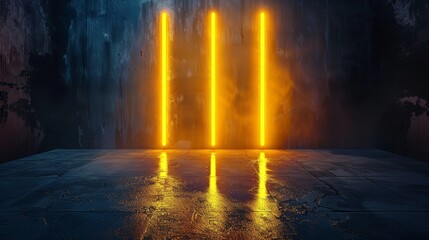 Three yellow neon lights casting an intense glow on a dark background, neon light effect illuminating the concrete floor, bright yellow stripes on grungy black walls