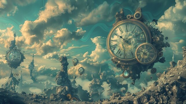 A surreal landscape featuring floating ethereal timepieces amidst a fantastical sky filled with whimsical clouds and rocky formations