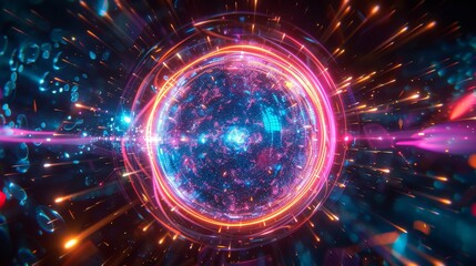 Obraz premium Neon Energy Sphere Surrounded by Dynamic Particles