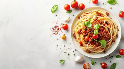 Vegan spaghetti with soya bolognese and vegetables Vegetarian pasta on a bright table with space for text