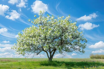 Obraz premium A single tree stands tall in a lush green grassy field under a bright blue sky, ideal for photography, landscape, or nature scenes