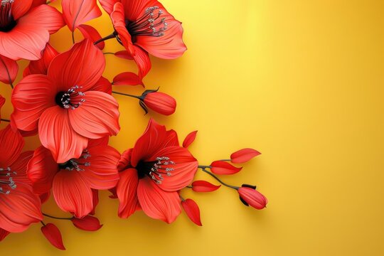 A group of bright red flowers sit against a warm yellow background, creating a visually appealing composition - Powered by Adobe