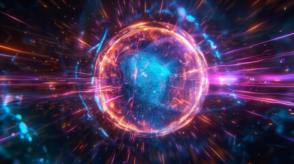 Neon Energy Sphere Surrounded by Dynamic Particles