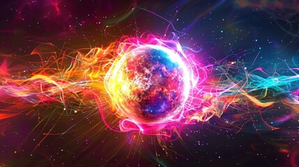 Obraz premium Neon Energy Sphere Surrounded by Dynamic Particles