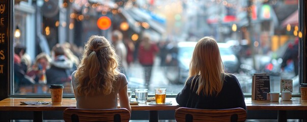 Two female friends seated in a cafe overlooking a busy street, giving a cozy, urban vibe to this warm scene