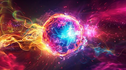 Obraz premium Neon Energy Sphere Surrounded by Dynamic Particles
