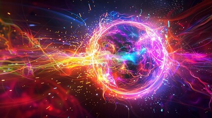 Obraz premium Neon Energy Sphere Surrounded by Dynamic Particles