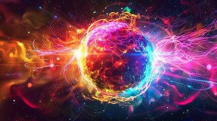 Neon Energy Sphere Surrounded by Dynamic Particles