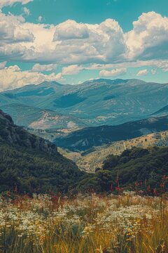 A serene valley scene with mountains visible in the distance, suitable for use as a backdrop or to convey a sense of vastness