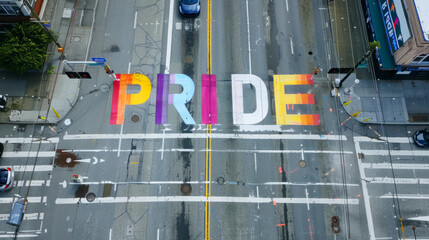 Obraz premium Overhead view of the word Pride written on an urban street. Gay pride month