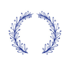 Floral botanical gentle creative blue hand drawn watercolor painted circle border, frame