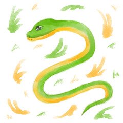 Green and yellow cartoon cute snake isolated for asian new year design, hand drawn watercolor illustration