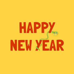 Happy new year red text on yellow background with cute green snake illustration