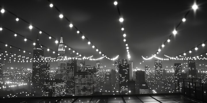 Fototapeta A black and white photo of a city at night, suitable for use in urban landscape or nighttime scene illustrations