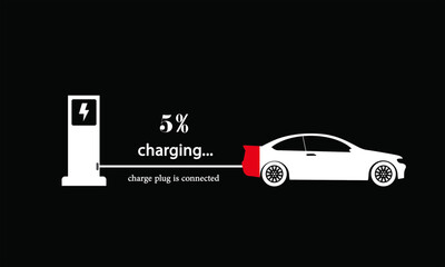 Charging station electric vehicle dashboard display. Electric vehicle charging progress indicator, charging station and electric vehicle charging indicator
