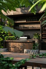 A modern outdoor kitchen setup featuring a grill and surrounded by lush greenery, perfect for alfresco dining