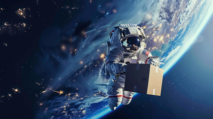 Astronaut Delivering Package in Space Above Earth at Night