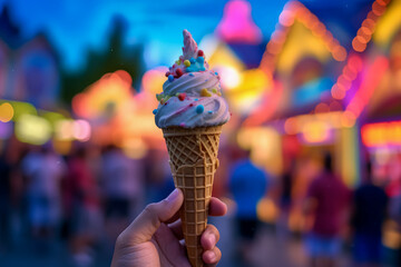 A person holding a cone of ice cream in front of a crowd. Scene is lively and fun, as people are gathered around to enjoy the ice cream