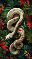 Fototapeta premium Coiled Serpentine Snake Slithering Amidst Lush Tropical Foliage in Aesthetic