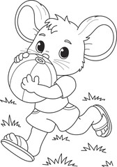 Coloring page outline of the cartoon smiling cute mouse with a big ball. Colorful vector illustration, summer coloring book for kids.