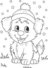 Coloring page outline of the cartoon smiling cute little dog. Colorful vector illustration, summer coloring book for kids.