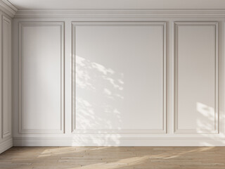 Empty classic modern white interior with blank wall, mouldings, parquet and sunlight. 3d render illustration mockup.