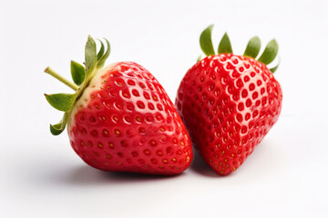 Two red strawberries are placed next to each other on a white background. Concept of freshness and natural beauty, as the strawberries are ripe and ready to be eaten