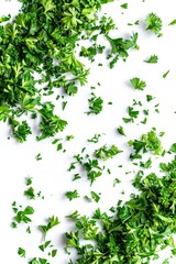 A bunch of fresh parsley arranged on a white surface, perfect for food photography or as a decorative element