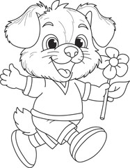 Coloring page outline of the cartoon smiling cute little dog with a big flower. Colorful vector illustration, summer coloring book for kids.