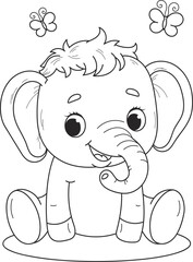 Coloring page outline of the cartoon smiling cute girl elephant. Colorful vector illustration, summer coloring book for kids.
