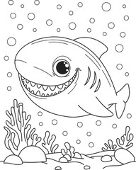 Coloring page outline of the cartoon smiling fish, shark. Colorful vector illustration, summer coloring book for kids.