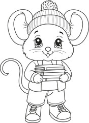 Coloring page outline of the cartoon smiling cute mouse goes to school. Colorful vector illustration, winter coloring book for kids.