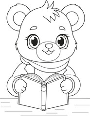 Coloring page outline of the cartoon smiling cute bear with a book. Colorful vector illustration, summer coloring book for kids.