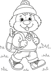 Coloring page outline of the cartoon smiling cute dog goes to school. Colorful vector illustration, summer coloring book for kids.