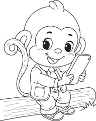 Coloring page outline of the cartoon smiling cute monkey with a mobile phone. Colorful vector illustration, summer coloring book for kids.