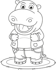 Coloring page outline of the cartoon smiling cute little hippo. Colorful vector illustration, summer coloring book for kids.
