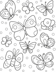 Coloring page outline of cartoon cute butterflies. Colorful vector illustration, summer coloring book for kids.