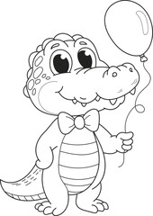 Coloring page outline of the cartoon smiling cute crocodile with air balloon. Colorful vector illustration, summer coloring book for kids.
