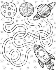 Help the rocket land on the planet. Coloring page outline of the cartoon labyrinth. Colorful vector illustration of educational maze game for preschool children, summer coloring book for kids.