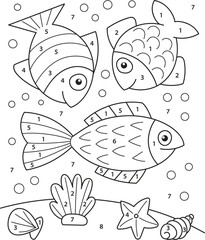 Fototapeta premium Coloring page outline of the cartoon smiling fish. Colorful vector illustration of educational game for preschool children, summer coloring book for kids.