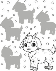 Find the right shadow. Coloring page outline of the cartoon smiling cute little goat. Colorful vector illustration of educational game for preschool children, summer coloring book for kids.